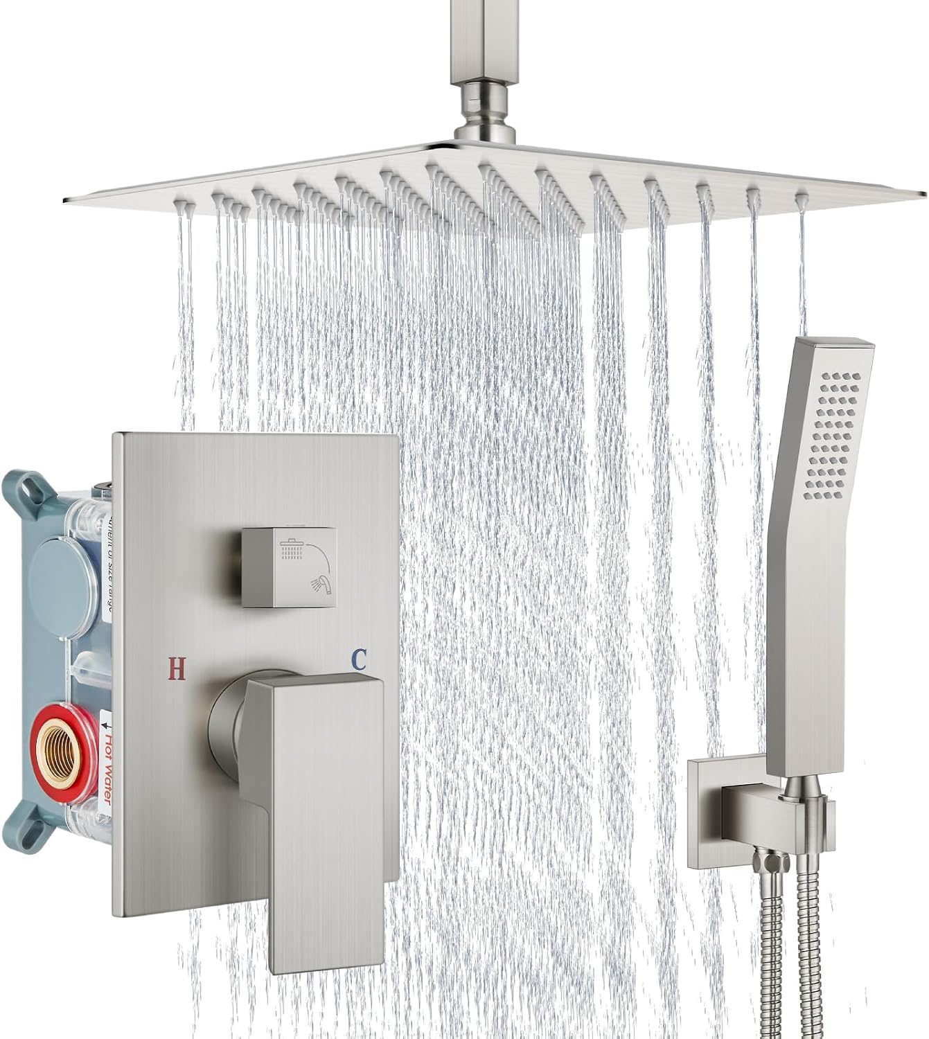 Aolemi Ceiling Mount Shower System Rain Shower Head with Handheld Spray High Pressure Shower Faucet Set Rough-in Valve Shower Trim Kit Included Bathroom Brushed Nickel 10 Inch Ceiling Shower Head