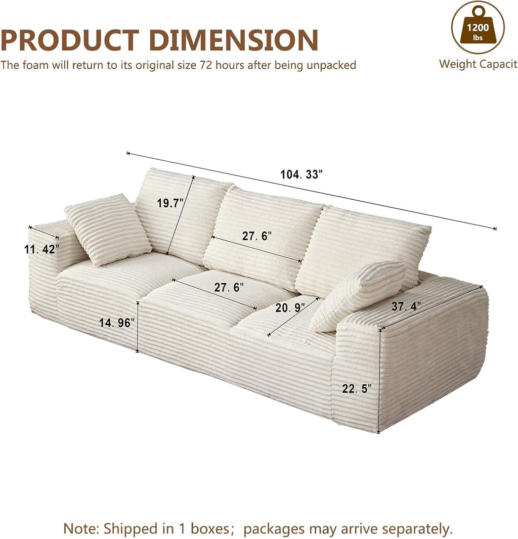 104.3' Modular Sectional Cloud Couch, Boneless Couches for Living Room, 3 Seater Modern Lounge Couch, No Assembly Required, Cream