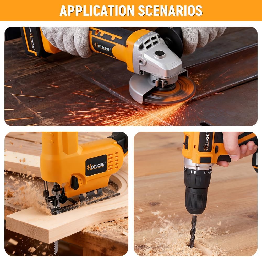 Hoteche 20V Cordless Power Tool Set - 3-in-1 Drill, Jig Saw, Angle Grinder with 2 Batteries (2.0Ah & 4.0Ah) & Fast Charger