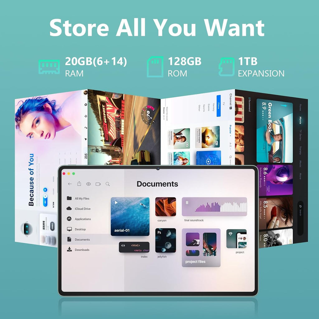 Azeyou 11 Inch Android 15 Tablet 20GB RAM 128GB ROM 1TB Expand, 8000mAh Octa-Core 5G Tablet, 1920x1200 HD IPS Display GPS Wi-Fi 6 Tablet, Widevine L1 Metal Green