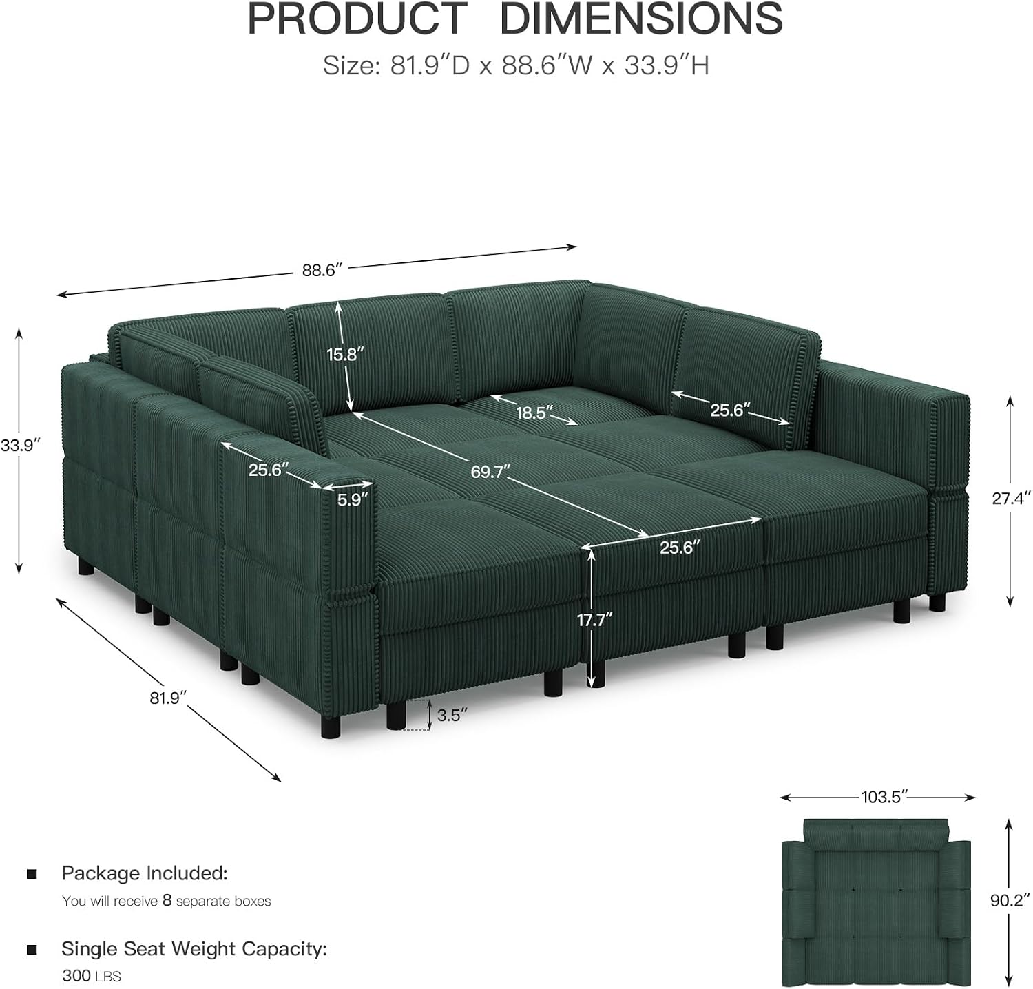 Belffin 9 Seats Corduroy Modular Sectional Sofa, Comfy Upholstered Sectional Couches for Living Room,Green