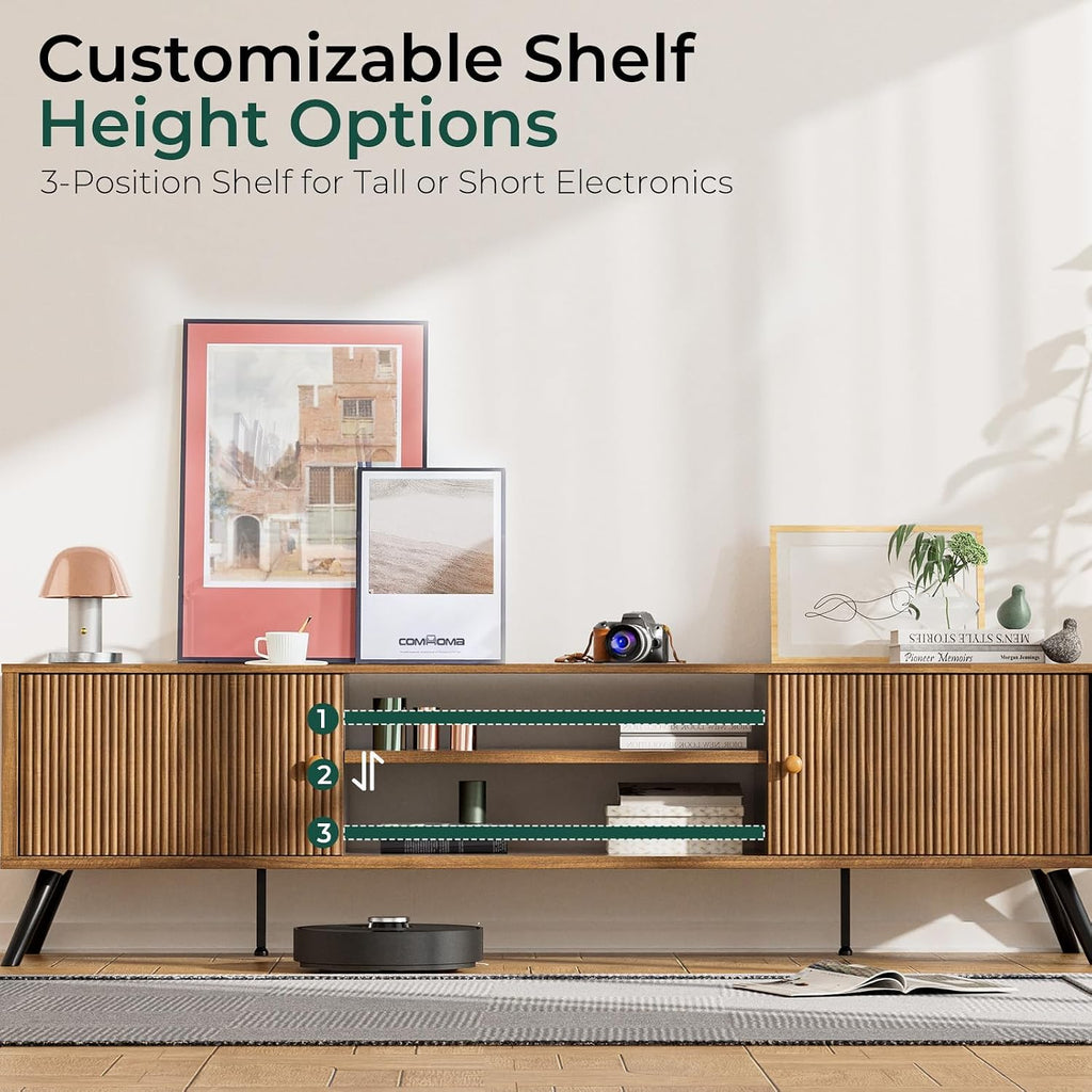 COMHOMA TV Stand for Living Room, Mid Century Modern Entertainment Center for 65/70/75 Inch TVs, Retro Brown TV Console with Fluted Door Cabinets and Open Adjustable Shelve Storage for Bedroom