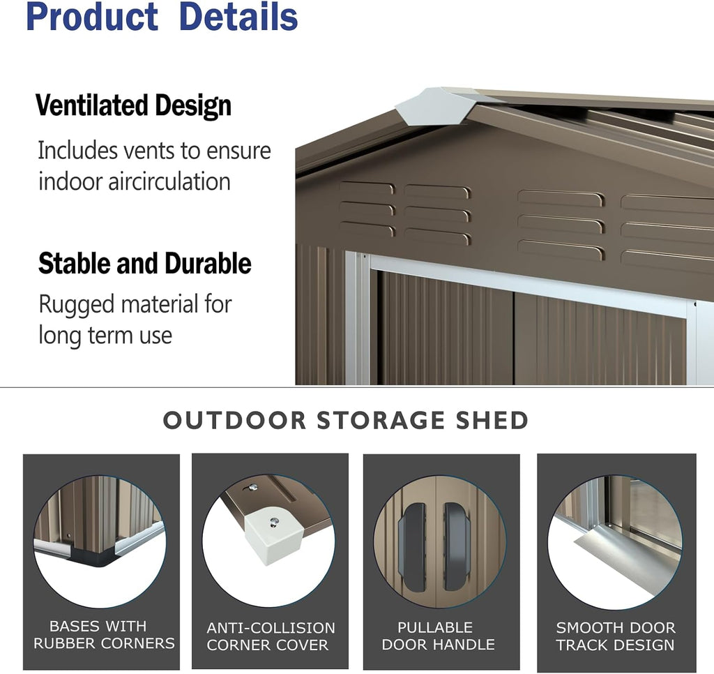 ALAULM 8'x6' Outdoor Storage Shed Outdoor Galvanized Metal Tool Shed with Vents & Sliding Door, Waterproof Garden Shed for Patio,Lawn,Backyard to Store Bikes,Tools,Brown