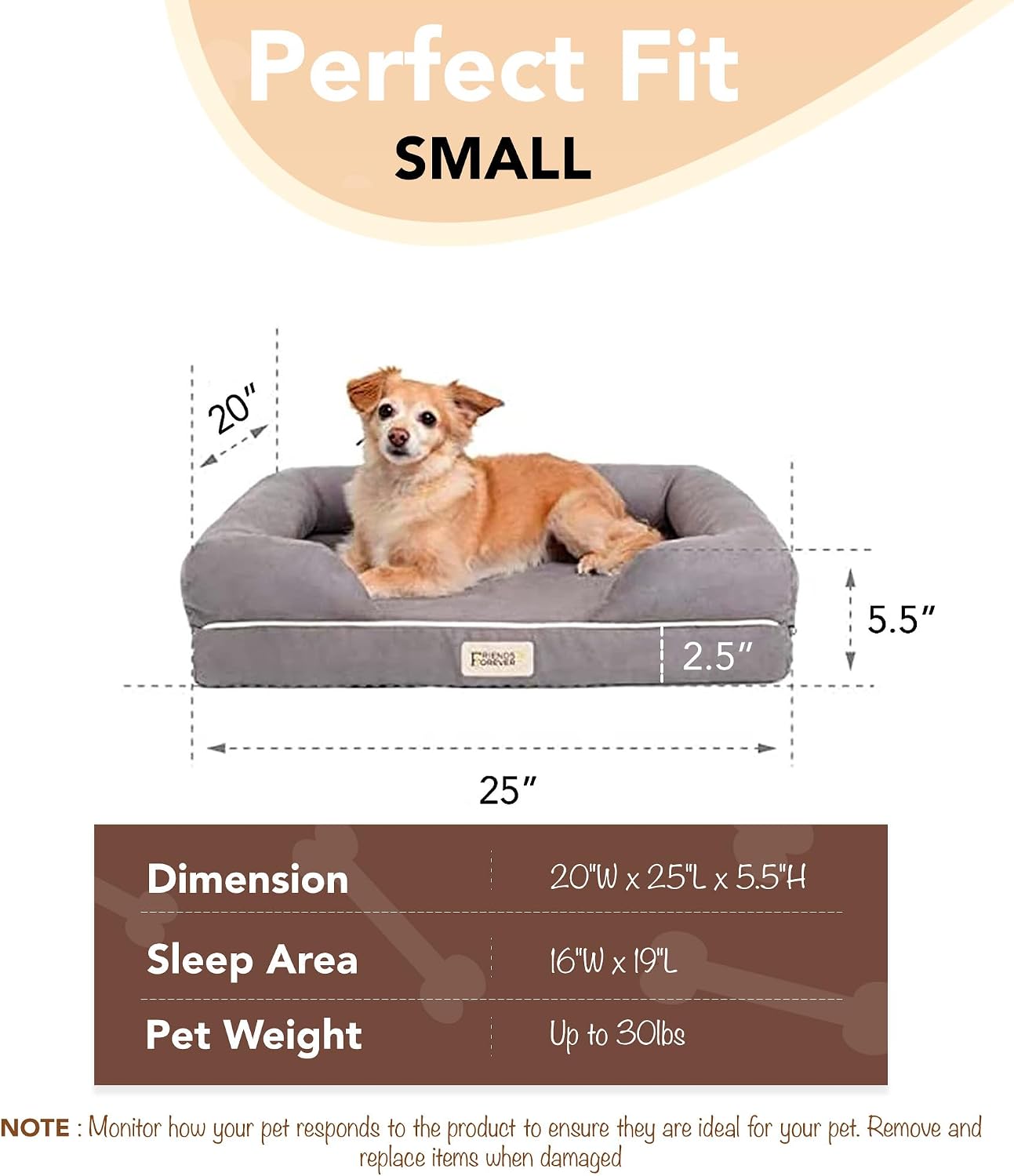 Friends Forever Orthopedic Dog Bed, Memory Foam Pet Sofa, Calming Dog Couch, Water Resistant Pet Bed, Washable Cover, Non-Slip Bottom, Chester, Grey, 25' x 20' x 5.5'