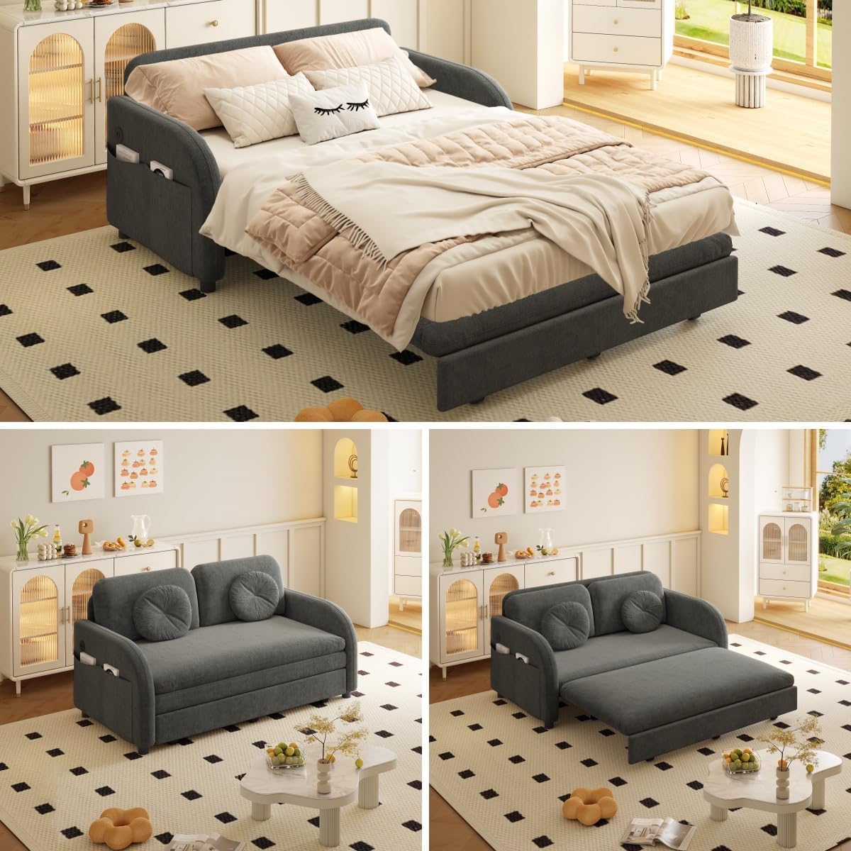52.4'' Pull Out Couch Full-Size, Futon Sofa Bed, Convertible Sleeper Sofa Bed with USB Port, Storage Pockets, 2 Pillows, Modern Chenille Loveseat Couches for Small Space, Living Room, Grey