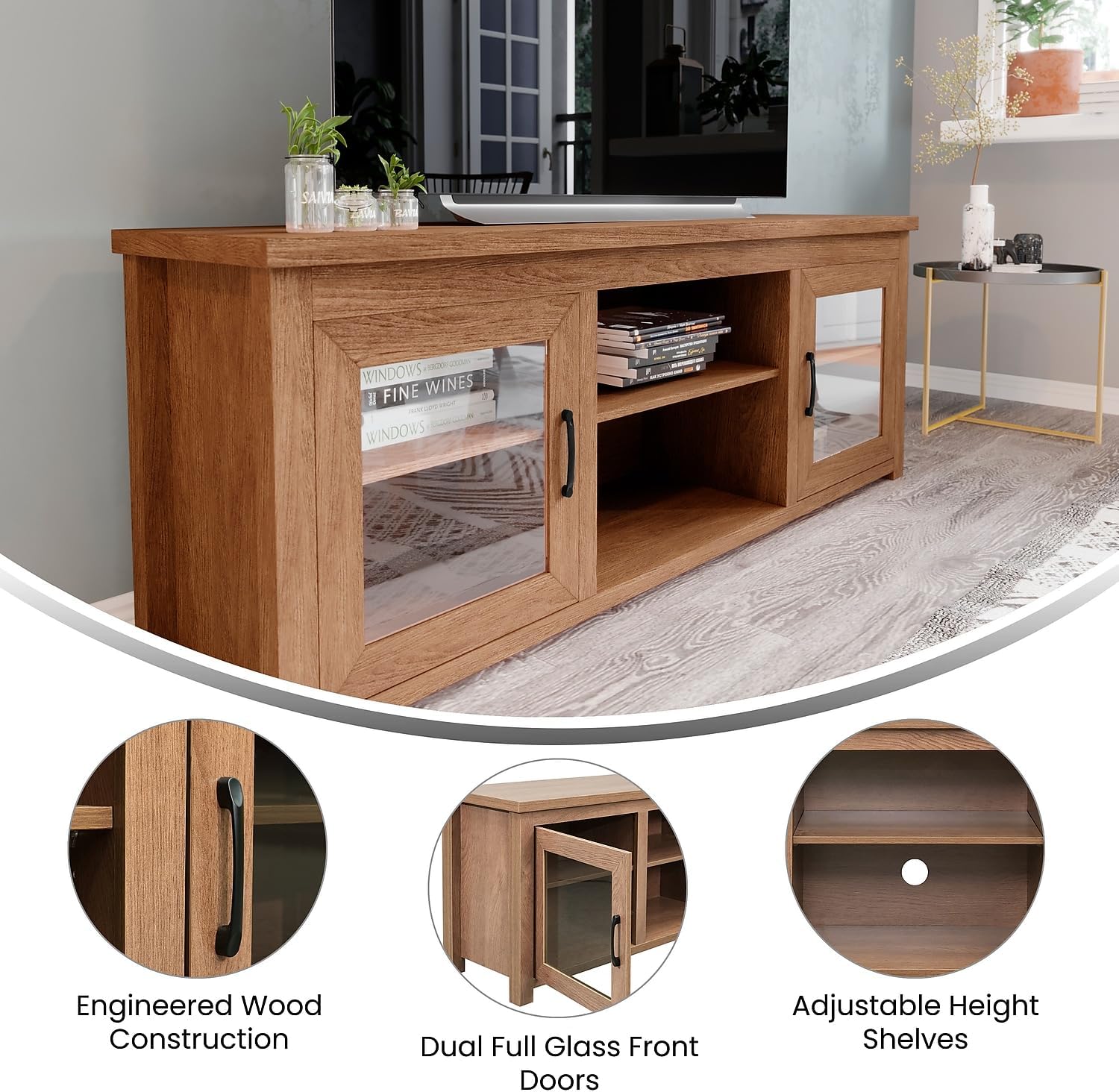 Flash Furniture Sheffield TV Stand for up to 80' TVs - Modern Walnut Finish & Full Glass Doors - 65' Engineered Wood Frame - 3 Height Adjustable Shelves