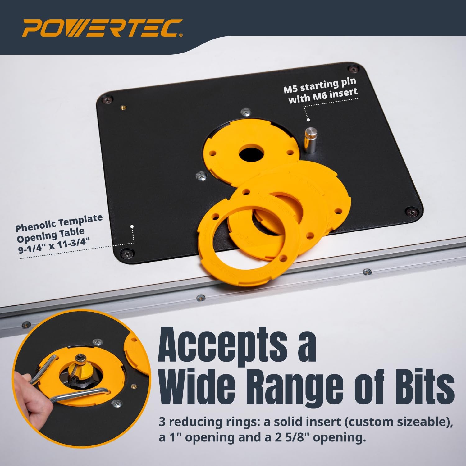 POWERTEC 24' x 32' Benchtop Router Table with Insert Plate – Laminated MDF Surface, Reducer Rings, Leveling Hardware & Starting Pin; Compatible with Bosch, DeWalt, Makita & More (71685)