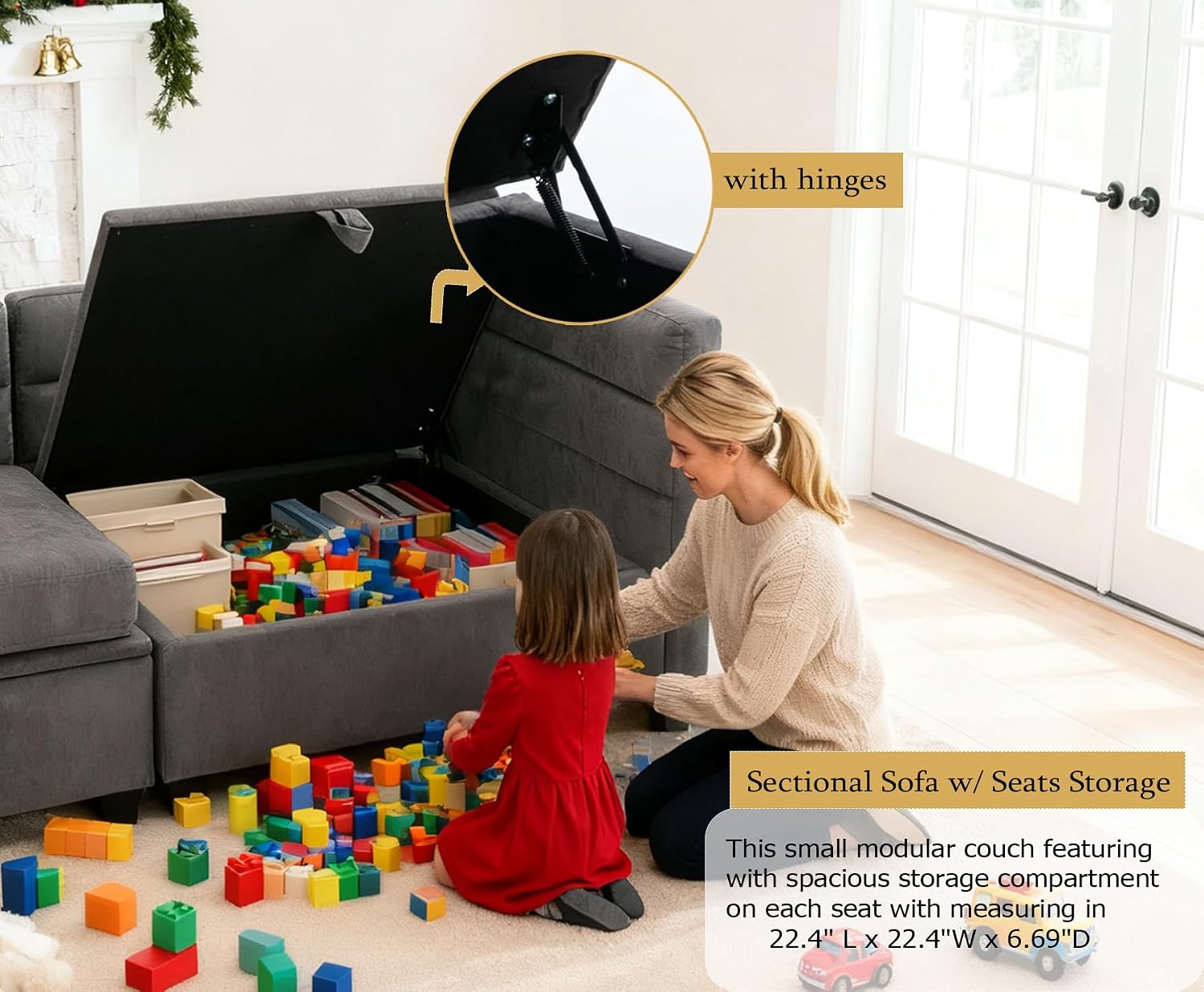 asunflower Modular Sectional Small Couch with Storage Seats, 3 Seater Couch with Ottoman Storage, L Shaped Sectional Sofa for Small Spaces, with Reclining Arms and Backs,Pillows Included, Dark Gray