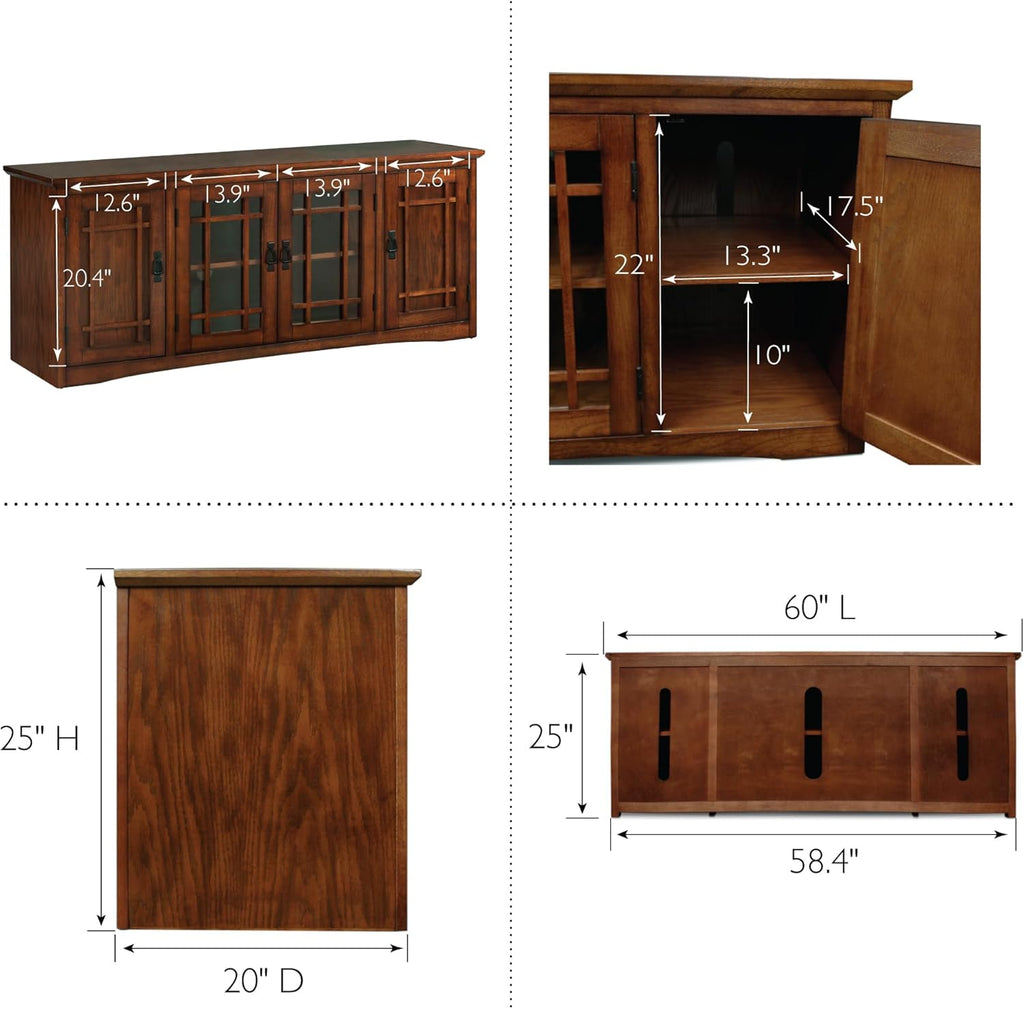 Leick Home 82360 Solid Wood Mission Oak Four Door TV Stand For 65' TVs Universal TV Console Living Room Storage Shelves Entertainment Center, Mission Oak