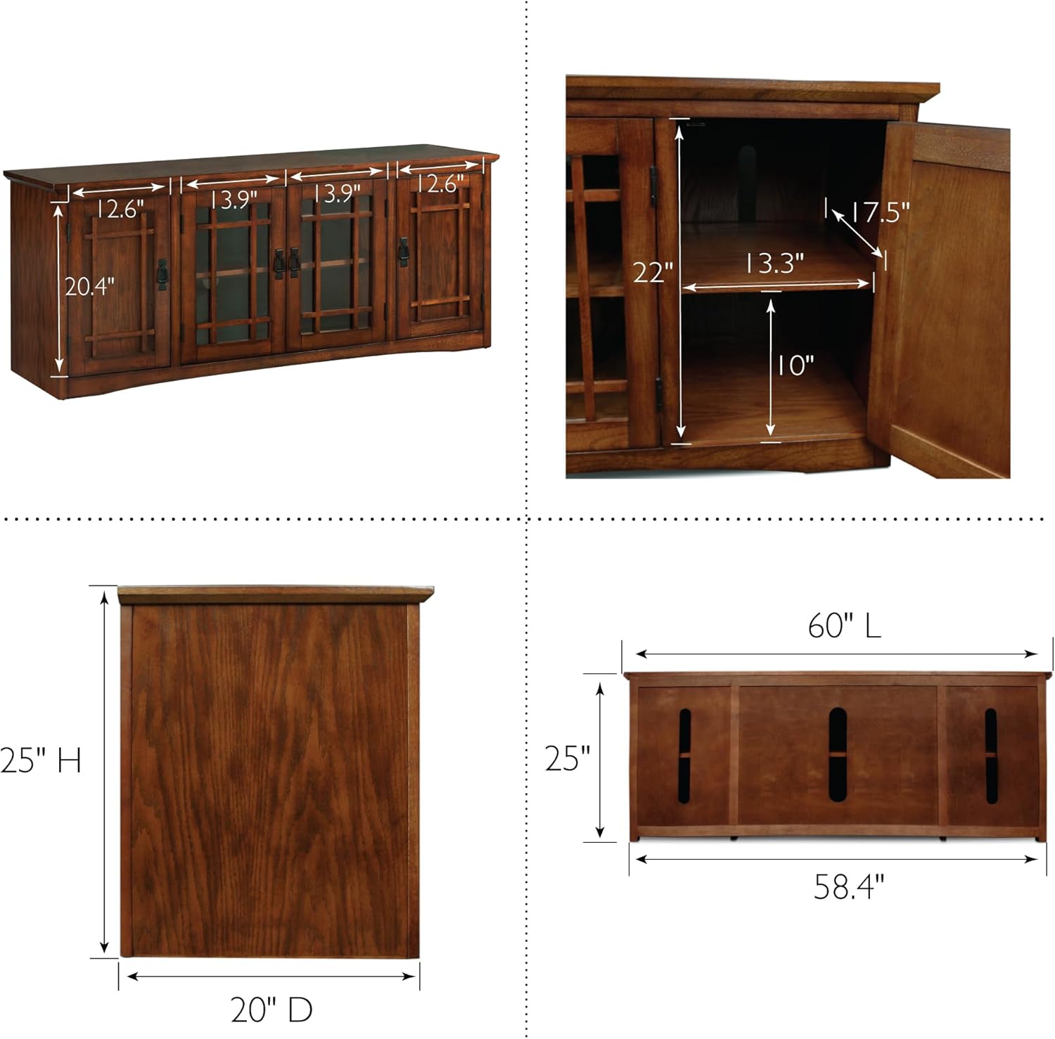 Leick Home 82360 Solid Wood Mission Oak Four Door TV Stand For 65' TVs Universal TV Console Living Room Storage Shelves Entertainment Center, Mission Oak