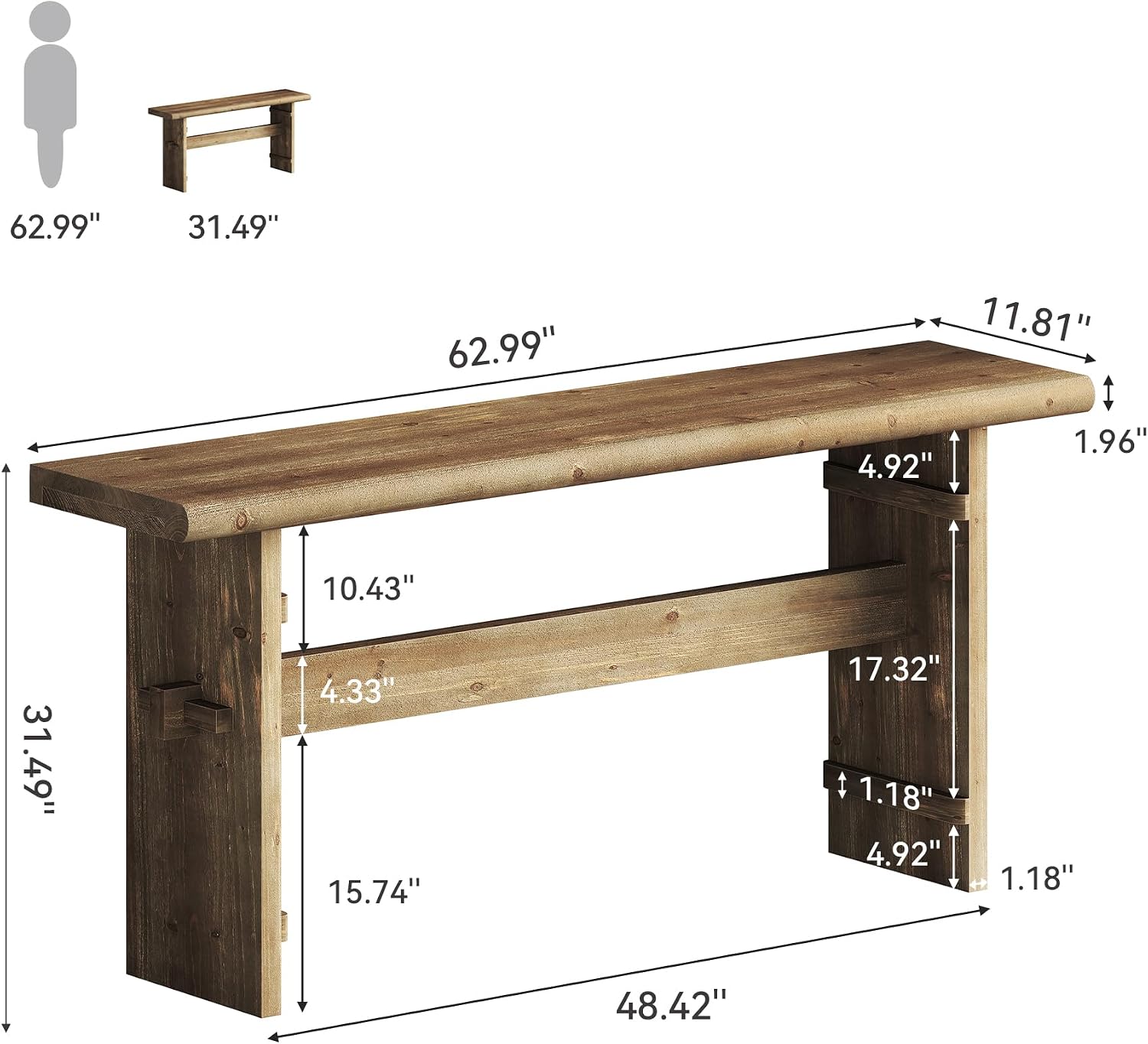 TRIBEWOOD 63-Inch Solid Wood Console Table for Entryway, Narrow Long Farmhouse Sofa Table Behind Couch, for Foyer, Hallway, Living Room, Easy Asswmbly, Brown Greige