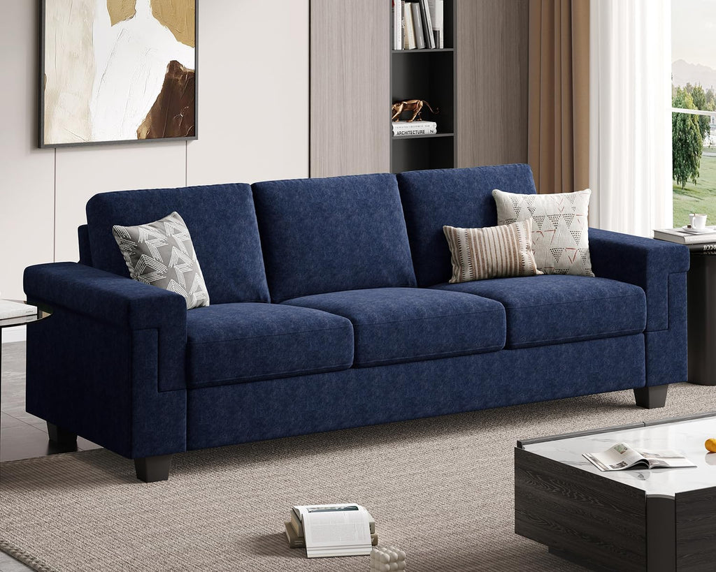 COPIAE 3 Seater Sofa Couch with Deep Seat, 90' Modern Upholstered Sofa with Armrests, Easy Installation, Comfy Couches for Living Room, Apartment, Blue