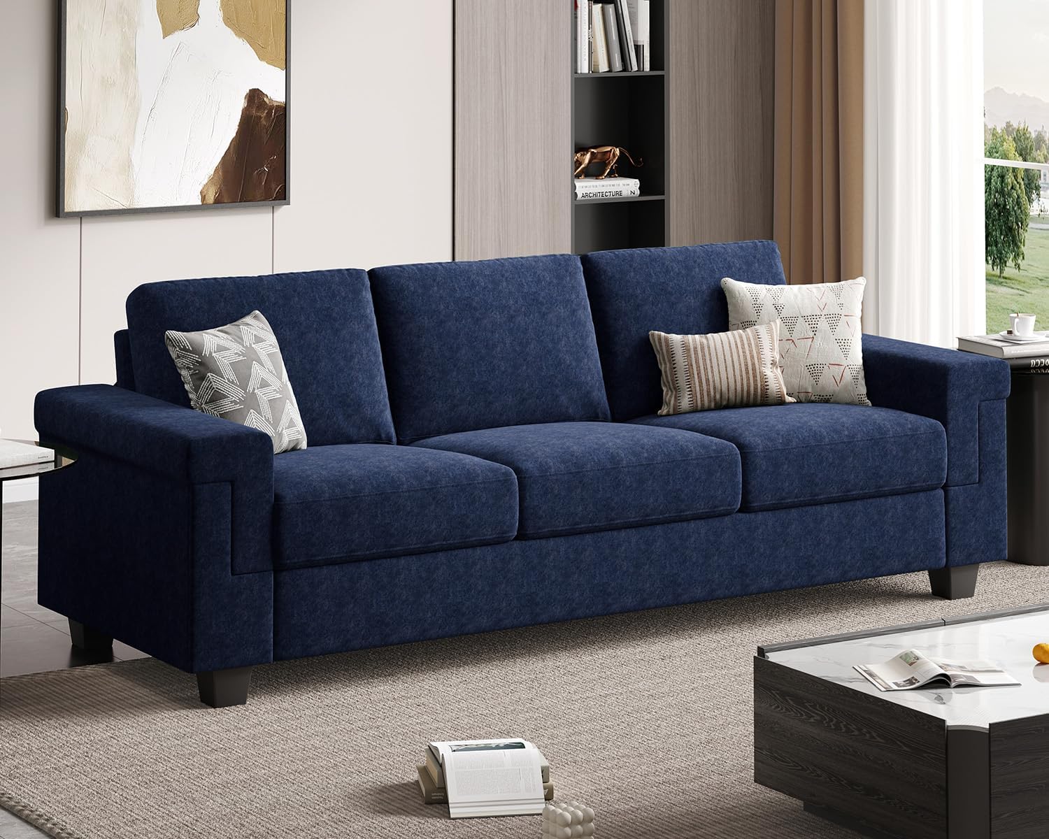 COPIAE 3 Seater Sofa Couch with Deep Seat, 90' Modern Upholstered Sofa with Armrests, Easy Installation, Comfy Couches for Living Room, Apartment, Blue