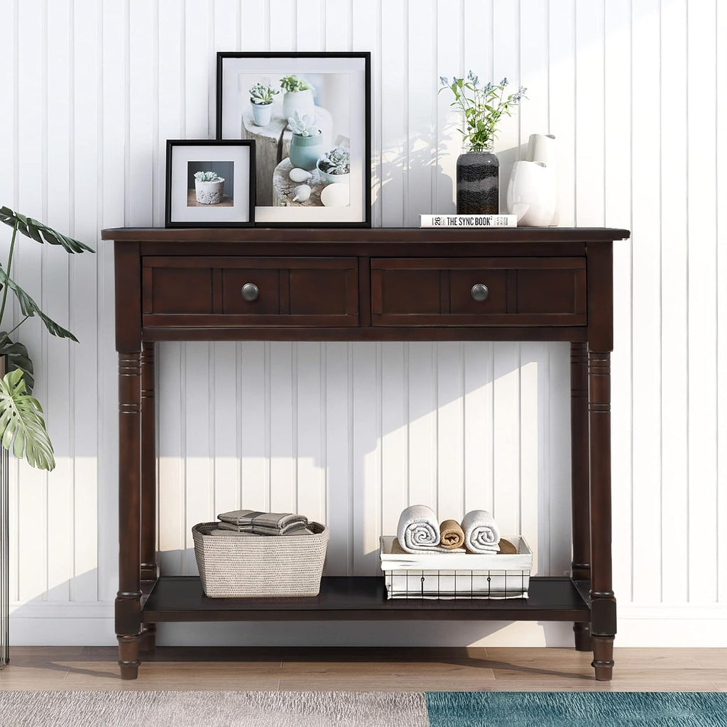Merax Wood Sofa Table Console Table,Entryway Table Traditional Design with Two Drawers and Bottom Shelf for Living Room,Hallway,Dining Room,Espresso