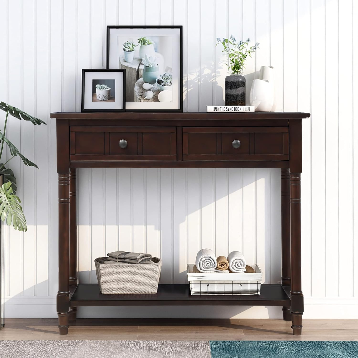 Merax Wood Sofa Table Console Table,Entryway Table Traditional Design with Two Drawers and Bottom Shelf for Living Room,Hallway,Dining Room,Espresso