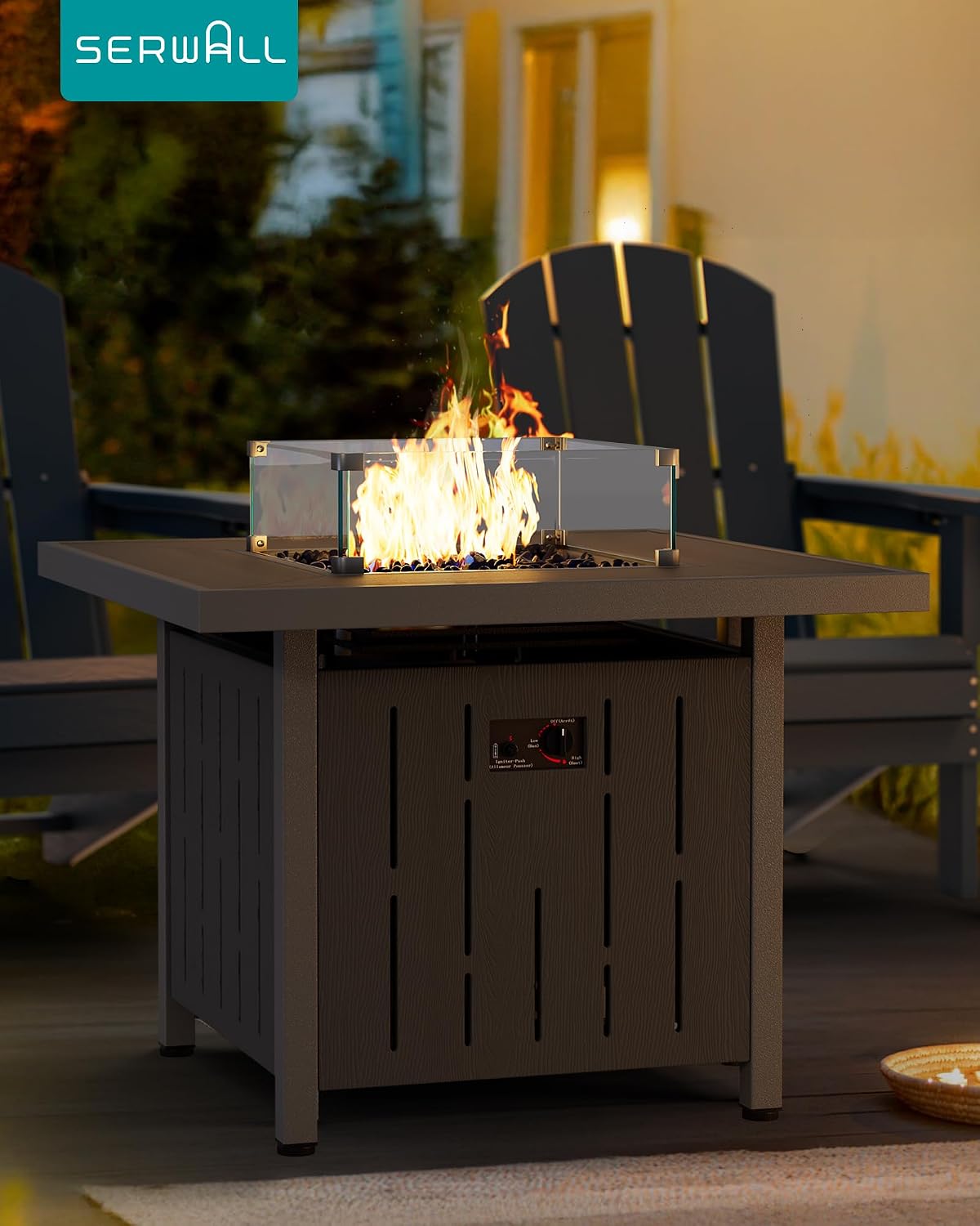 SERWALL 33' Outdoor Fire Pit Table, 50,000 BTU Square Propane Fire Pit Table with Lid, Glass Rock & Glass Wind Guard, HDPE Outdoor Furniture for Patio, Garden, Backyard, Black