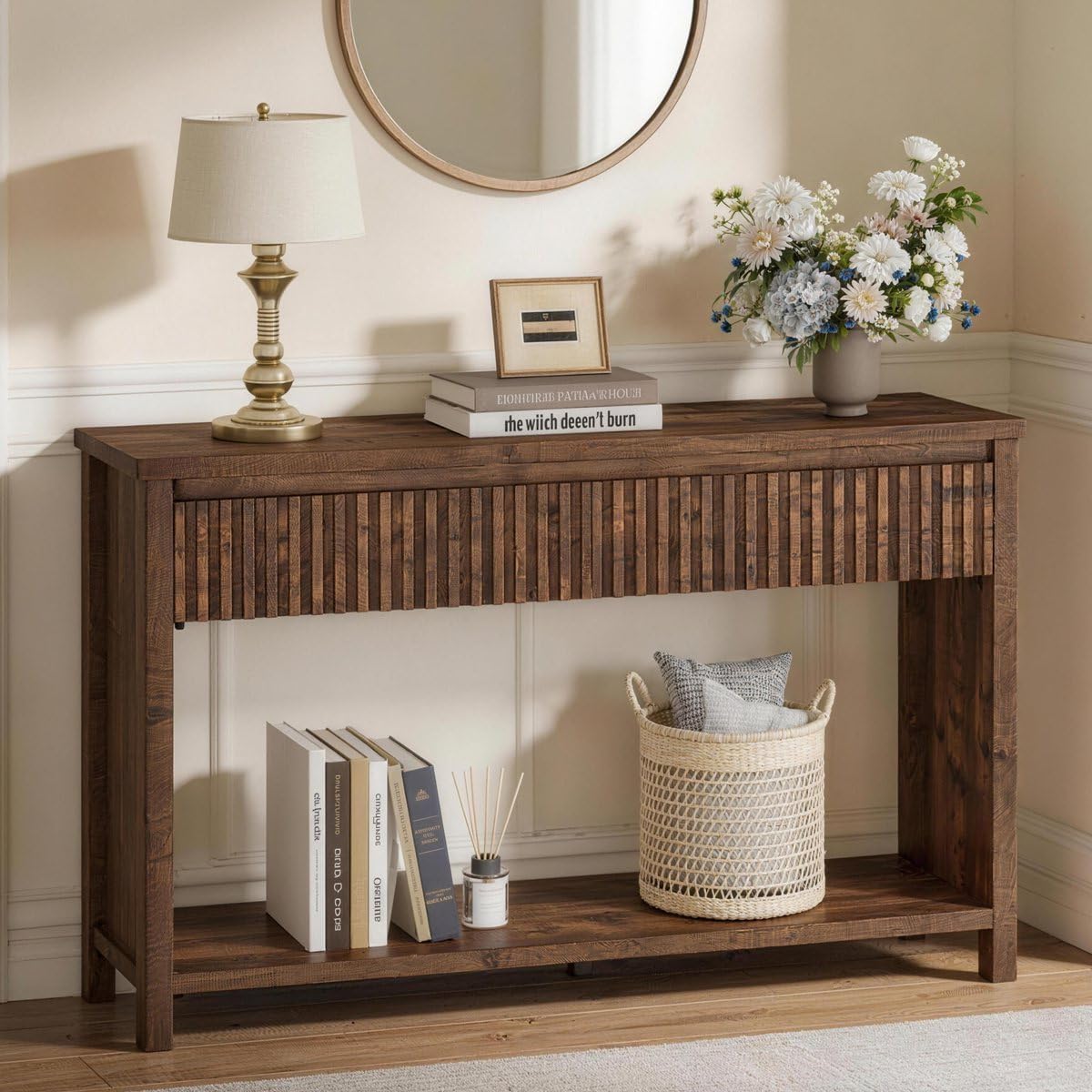 BON AUGURE Console Table with 2 Drawers, 47In Entryway Table with Storage, Sofa Tables with Two-Tier Shelf, Narrow Farmhouse Fluted Couch Tables for Living Room, Rustic Oak