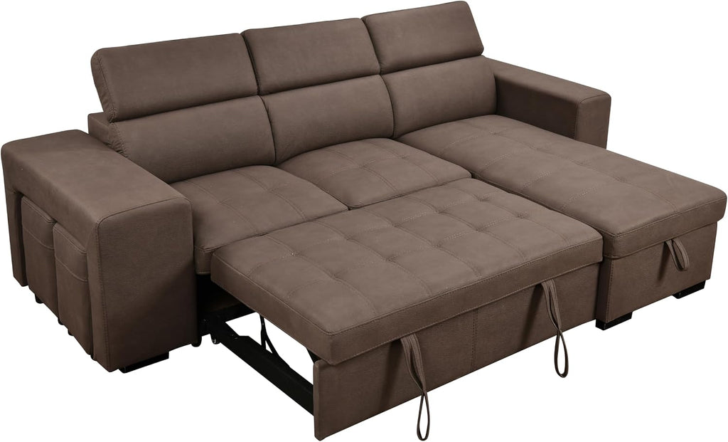 THSUPER 102'' Microfiber L Shaped Sectional Sleeper Sofa Couch with Pullout Bed and Storage Chaise, Convertible Couches with Adjustable Headrest for Living Room, Reversible Chaise. Dark Brown