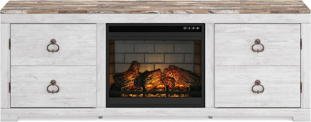 Signature Design by Ashley Entertainment Accessories Vintage 64' TV Stand with Electric Fireplace and LED Lights for TVs up to 72', Whitewash