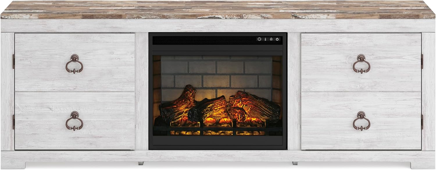Signature Design by Ashley Entertainment Accessories Vintage 64' TV Stand with Electric Fireplace and LED Lights for TVs up to 72', Whitewash