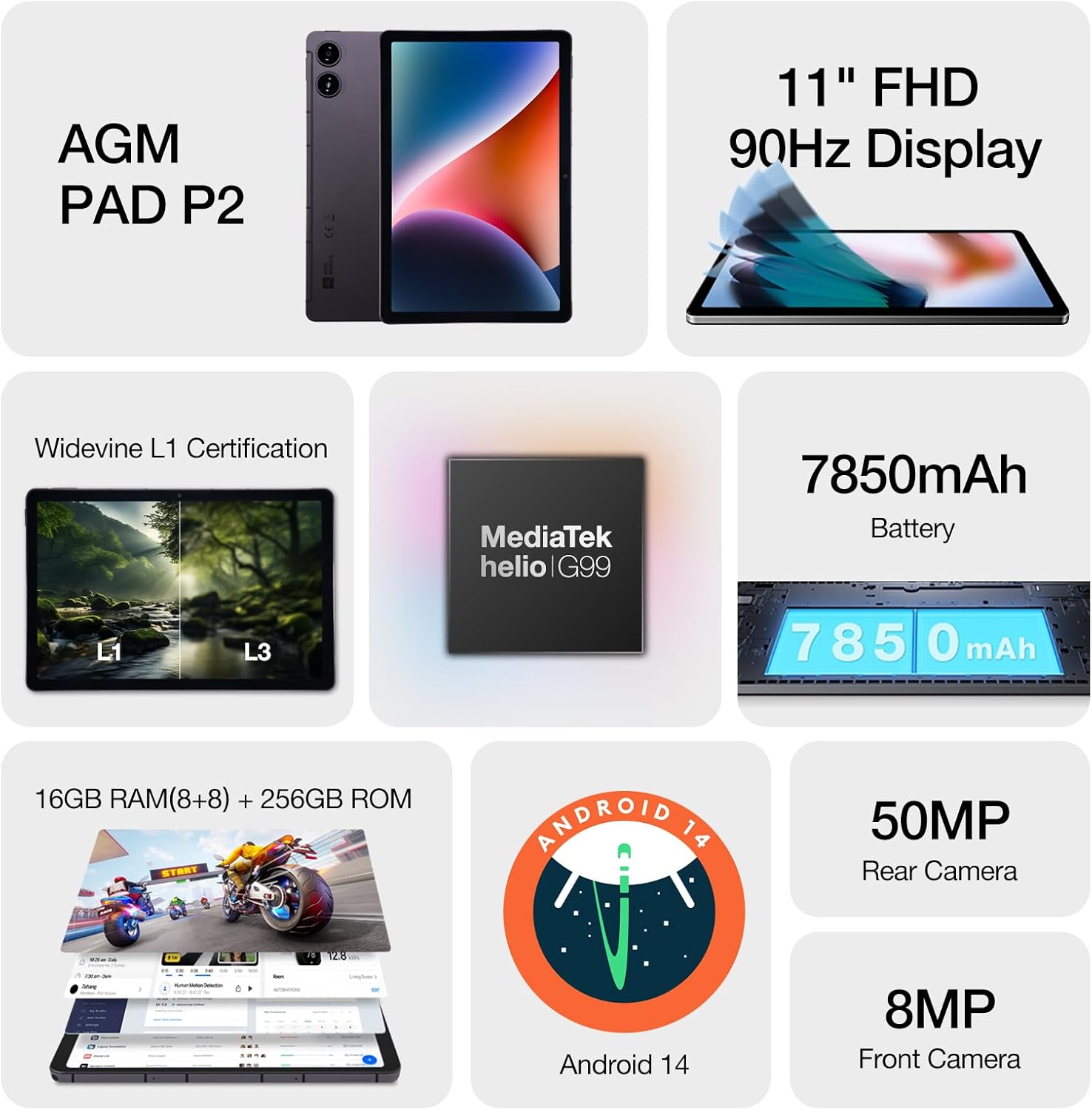 AGM PAD P2 11 inch Android 14 Tablet, 90Hz 480 Nits 1920 * 1200 FHD+ IPS Display, MTK G99, Widevine L1 Certified, Quad Box Stereo Speakers, 7850 mAh, 16(8+8)GB + 256GB[TF 2TB], GPS, Compass, OTG, WiFi