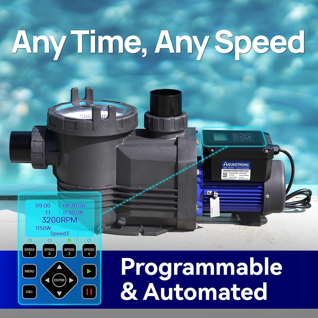 Aquastrong Variable Speed Pool Pump In/Above Pool Pump Energy Efficient High Flow Powerful Self Primming Swimming Pool Pumps with Filter Basket,Matta Black
