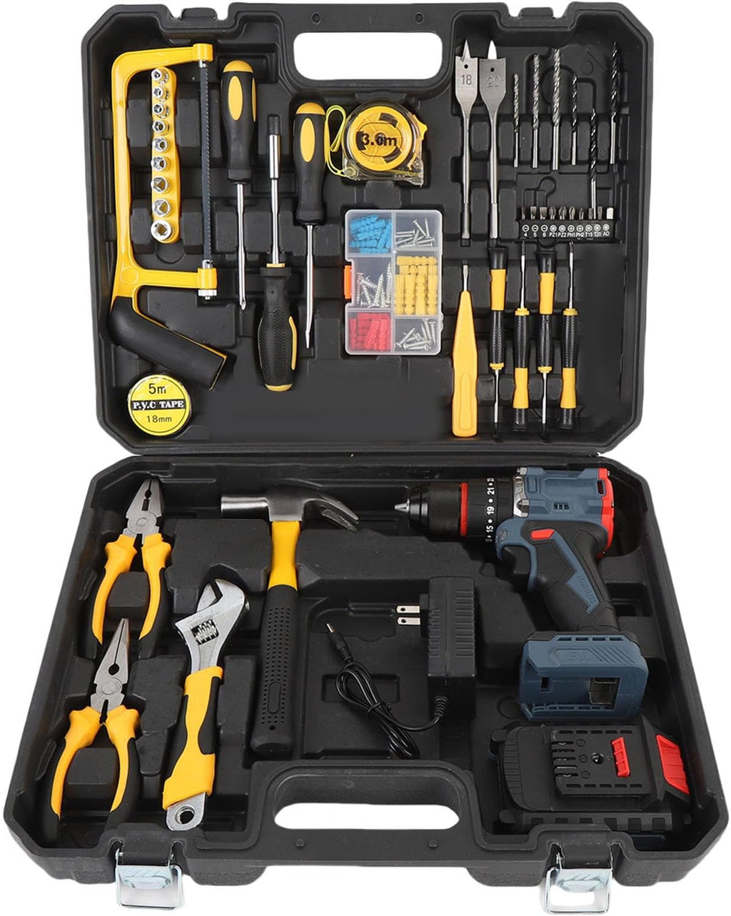 Cordless Drill Tool Set, 20V Brushless Power Drill Li Battery Powered Electric and Set with 25 Torsion Settings 1500RPM LED Light & Battery Indicator for Home (US Plug)