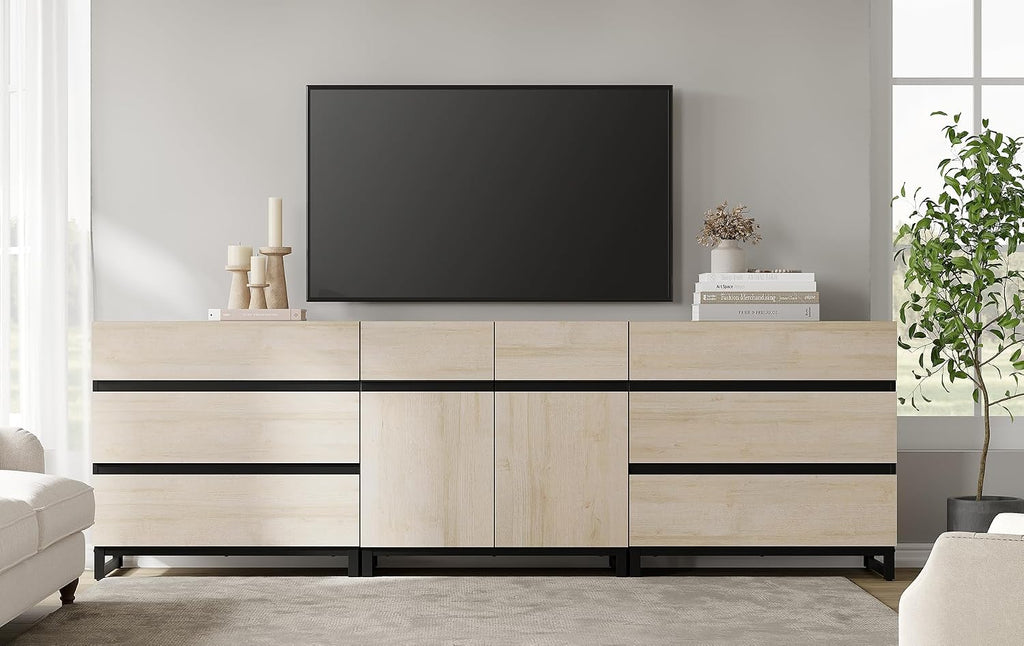WAMPAT Modern TV Stand for TVs up to 100 Inch, 3-in-1 TV Console with Adjustable Shelves and 6 Drawers, Media Console for Living Room and Bedroom, Light Oak