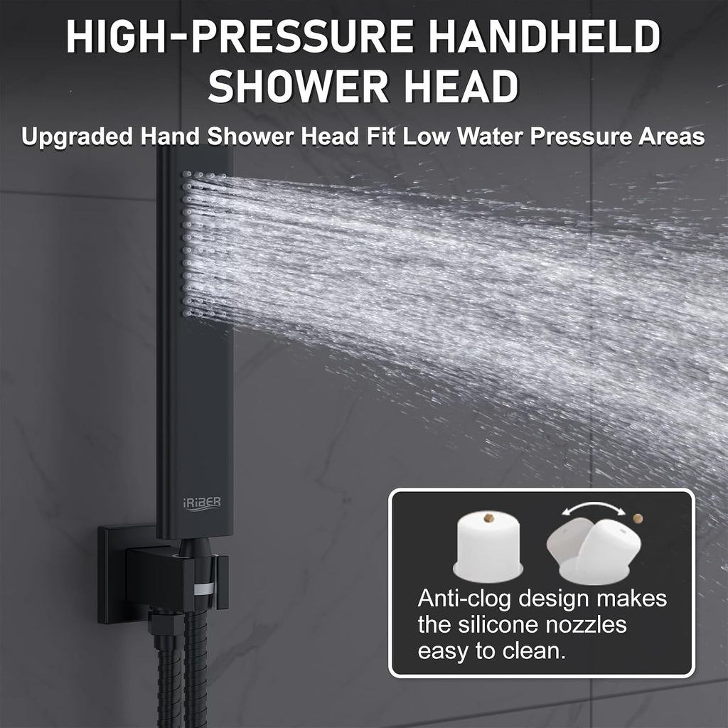 Iriber Shower Set with 12 Inch High Pressure Rain Shower Head and Handheld and Shower Faucet Mixer Valve Modern Shower System Including Pressure Balance Valve Shower Trim Kit for Bathroom,Matte Black