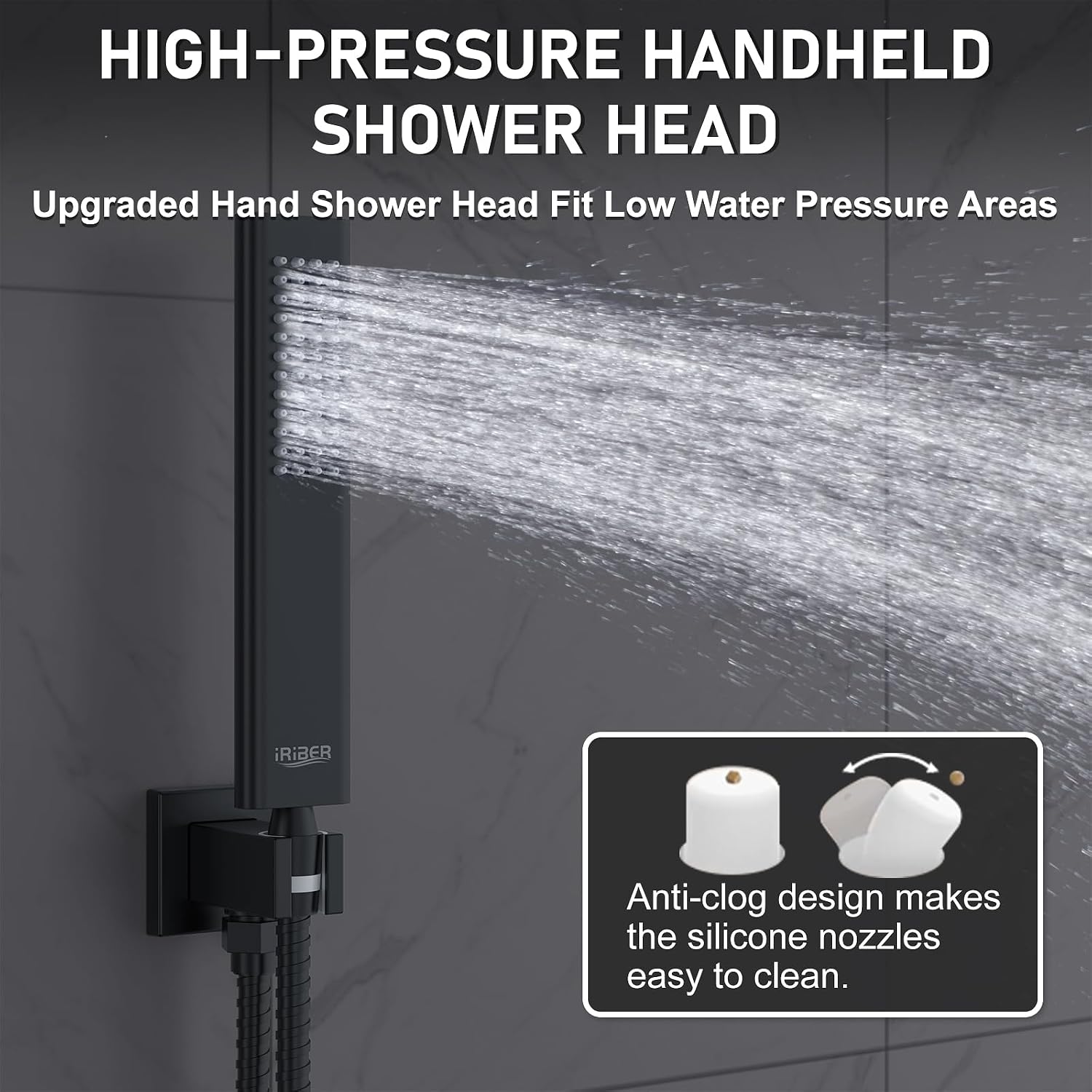 Iriber Shower Set with 12 Inch High Pressure Rain Shower Head and Handheld and Shower Faucet Mixer Valve Modern Shower System Including Pressure Balance Valve Shower Trim Kit for Bathroom,Matte Black