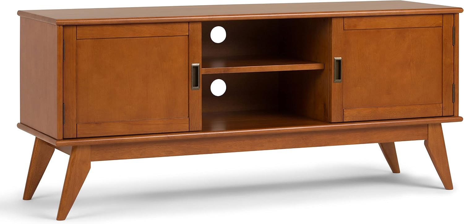 SIMPLIHOME Draper TV Stand - 60 inch Wide Solid Wood Low Media Console in Teak Brown, Mid Century Modern Entertainment Center for Living Room for TVs up to 65 Inches with Cabinets and Cable Management