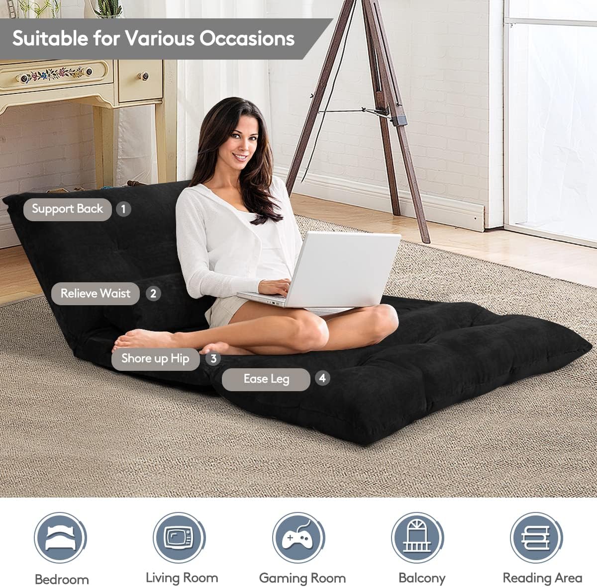 Giantex Adjustable Floor Sofa Couch with 2 Pillows, Multi-Functional 6-Position Foldable Lazy Sofa Sleeper Bed, Multi-Functional Suede Floor Seating for Reading Gaming (Black)