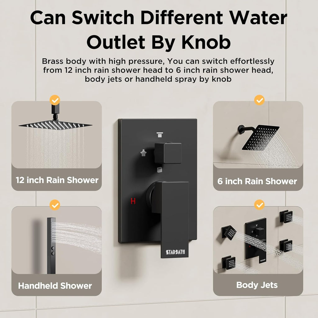 Shower System with Body Jets Matte Black, STARBATH 4 Way 12+6' Shower Faucet Sets Complete with 2 in 1 Handheld,Ceiling Mounted Rainfall Dual Shower Head with 4 Body Spray Jets, Shower Jets System