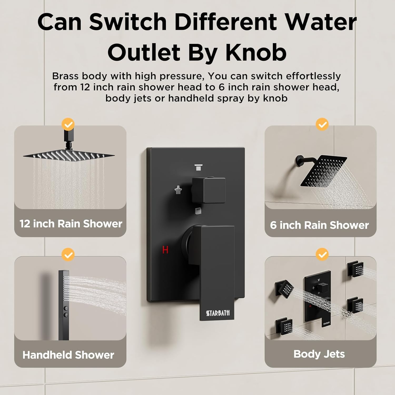 Shower System with Body Jets Matte Black, STARBATH 4 Way 12+6' Shower Faucet Sets Complete with 2 in 1 Handheld,Ceiling Mounted Rainfall Dual Shower Head with 4 Body Spray Jets, Shower Jets System