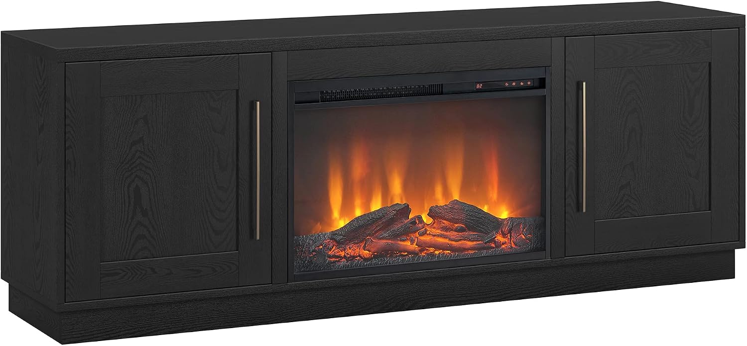 Henn&Hart TV Stand for TVs up to 75' with 26' Electric Log Fireplace for Living Room, Family Room, or Office, Natural Black