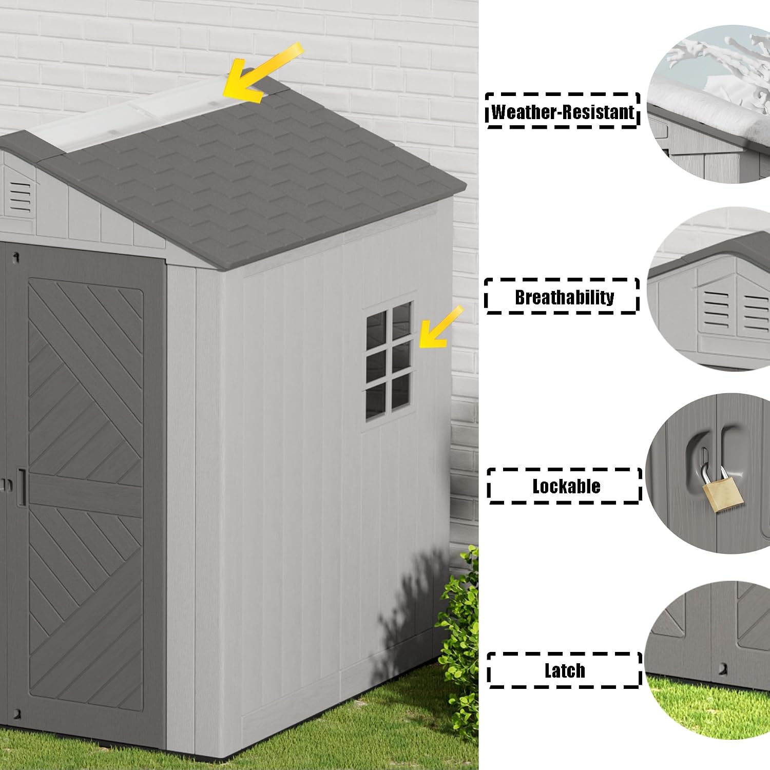 Mrosaa 6x6 FT Large Outdoor Storage Shed,HDPE Resin Outdoor Storage Sheds Weather Resistant,Lockable Garden Sheds with Windows for Home/Garden Tools/Backyard/Lawn Mower/Bike Storage(Gray)