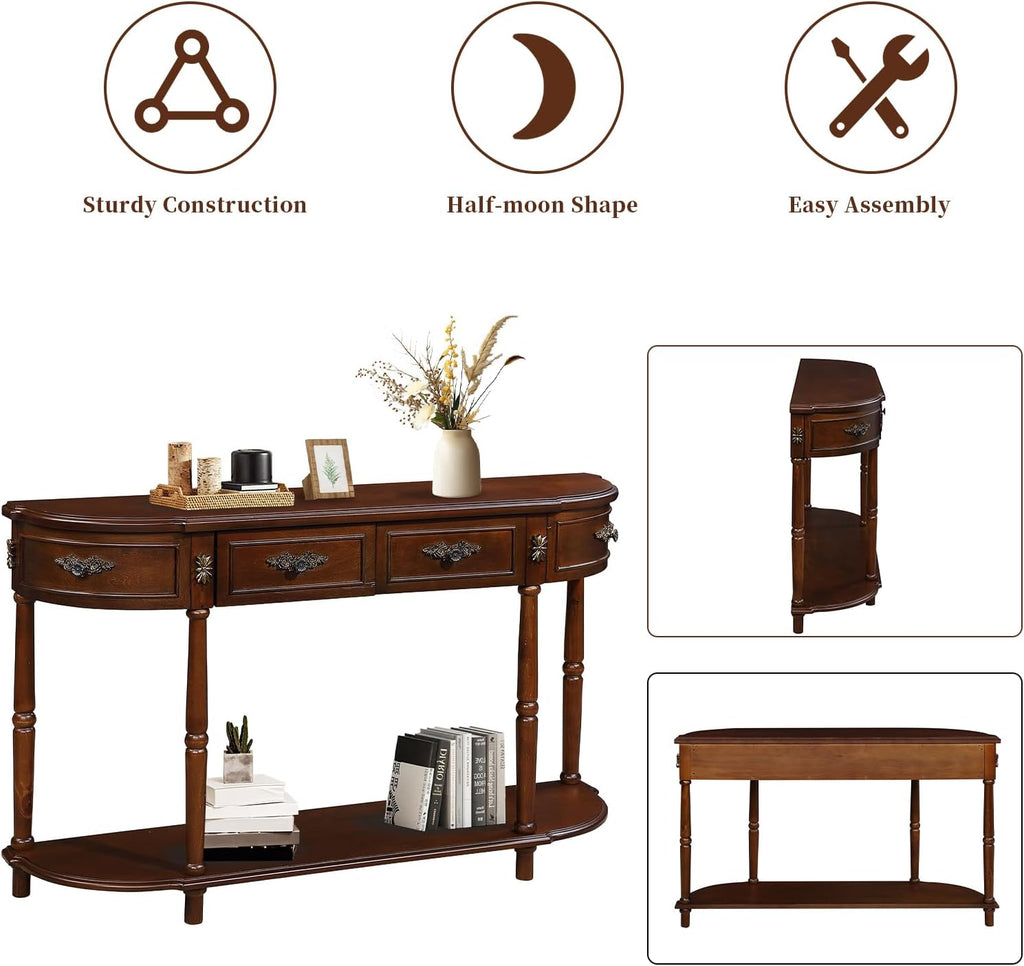 Retro Curved Console Table, 52' Half Moon Console Table Sofa Table Entryway Table with 2 Drawers 1 Open Shelf Solid Pine Legs for Living Room,Entryway,Hallway,Cherry