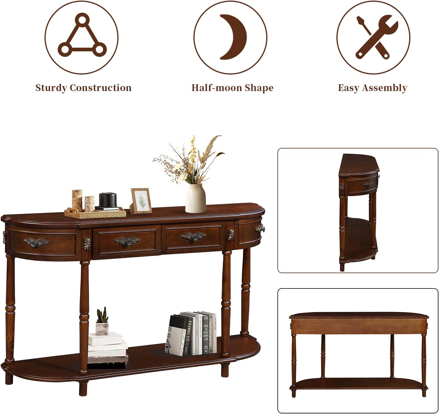 Retro Curved Console Table, 52' Half Moon Console Table Sofa Table Entryway Table with 2 Drawers 1 Open Shelf Solid Pine Legs for Living Room,Entryway,Hallway,Cherry