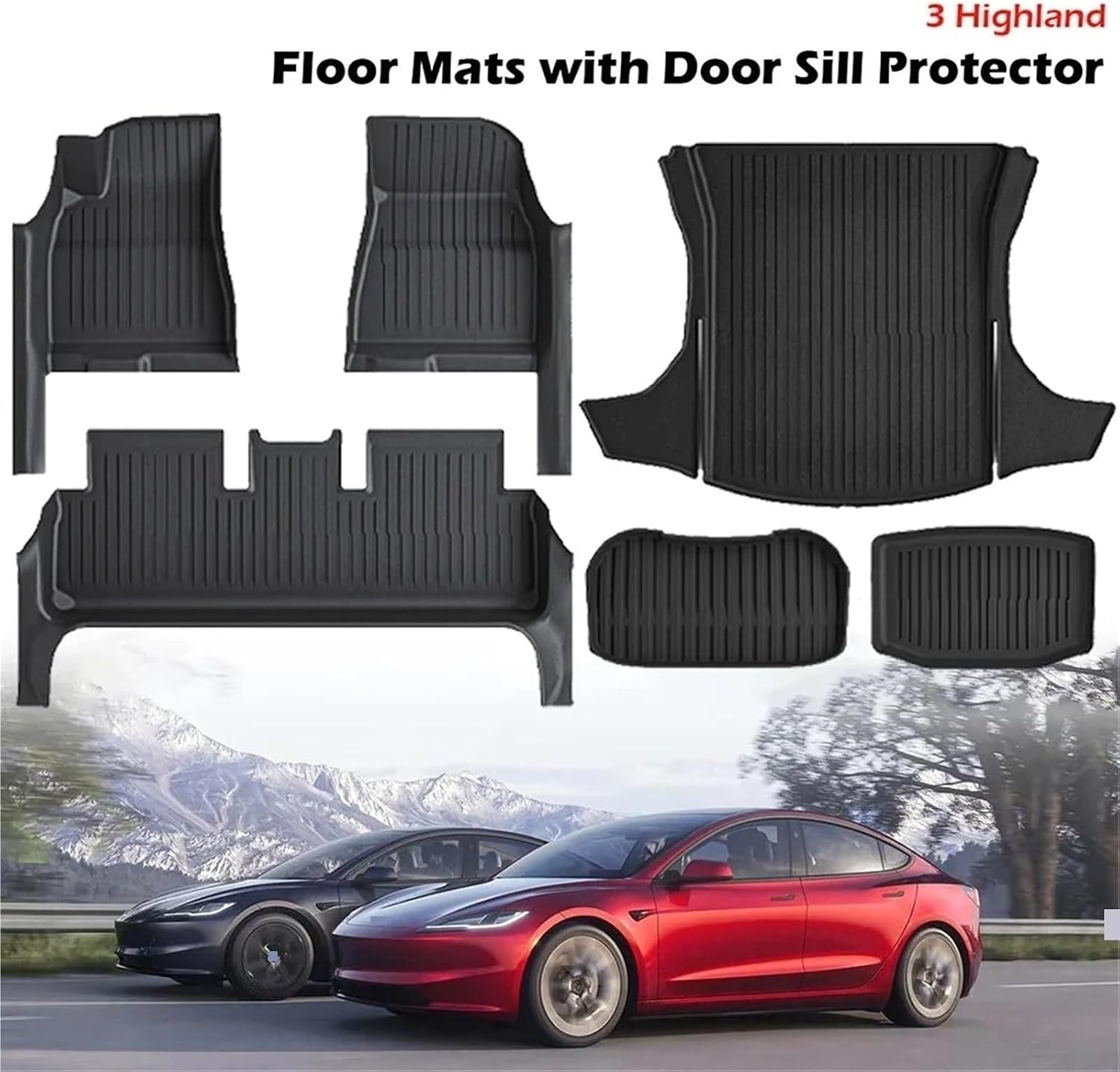 TPE Floor Mat Compatible for Tesla Model 3 Highland with Door Sill Protector Trunk Mats Front Rear Cargo Liner Compatible for Model 3 2025 2024(SNTM-3PCS)
