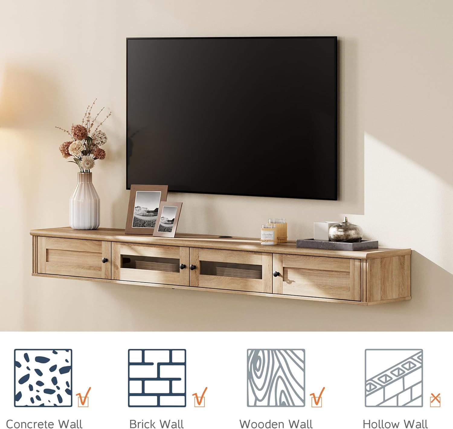 WAMPAT Floating TV Stand for TVs up to 80 Inches, Wooden Wall-Mounted TV Shelf with Charging Station, Modern Floating Entertainment Center for Living Room Decor, Oak
