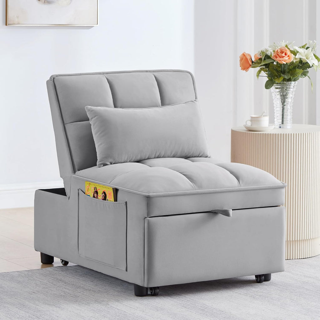 Ball & Cast 4 in 1 Convertible Sleeper Chair, Velvet Single Sofa Bed with Side Pockets,Pull Out Couch with Adjustable Backrest and Pillow, Multi-Function Chaise Lounge for Livingroom,Gray