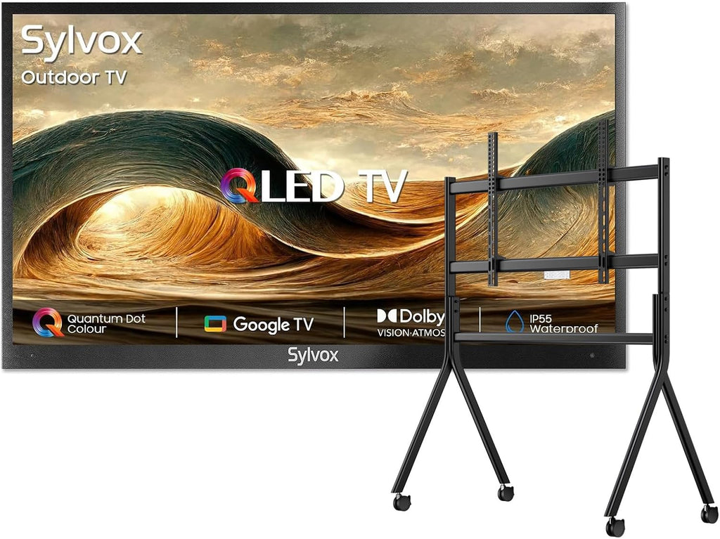 SYLVOX Outdoor TV with Rolling Stand, 65 inch 4K UHD QLED Smart TVs, Weatherproof, IP56 Waterproof, 1000 Nits Partial Sun, Support Google Assistant, Wide Viewing Angle (2026 Model)