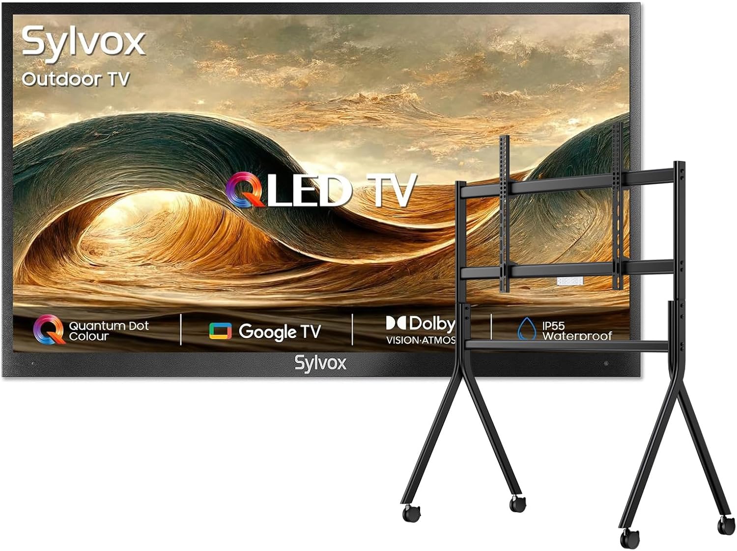 SYLVOX Outdoor TV with Rolling Stand, 65 inch 4K UHD QLED Smart TVs, Weatherproof, IP56 Waterproof, 1000 Nits Partial Sun, Support Google Assistant, Wide Viewing Angle (2026 Model)