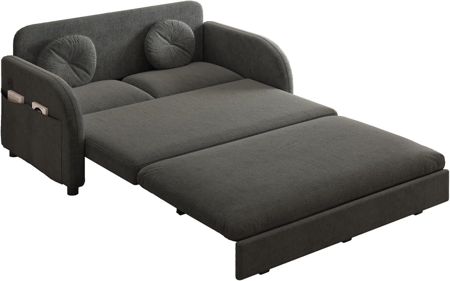 52.4'' Pull Out Couch Full-Size, Futon Sofa Bed, Convertible Sleeper Sofa Bed with USB Port, Storage Pockets, 2 Pillows, Modern Chenille Loveseat Couches for Small Space, Living Room, Grey