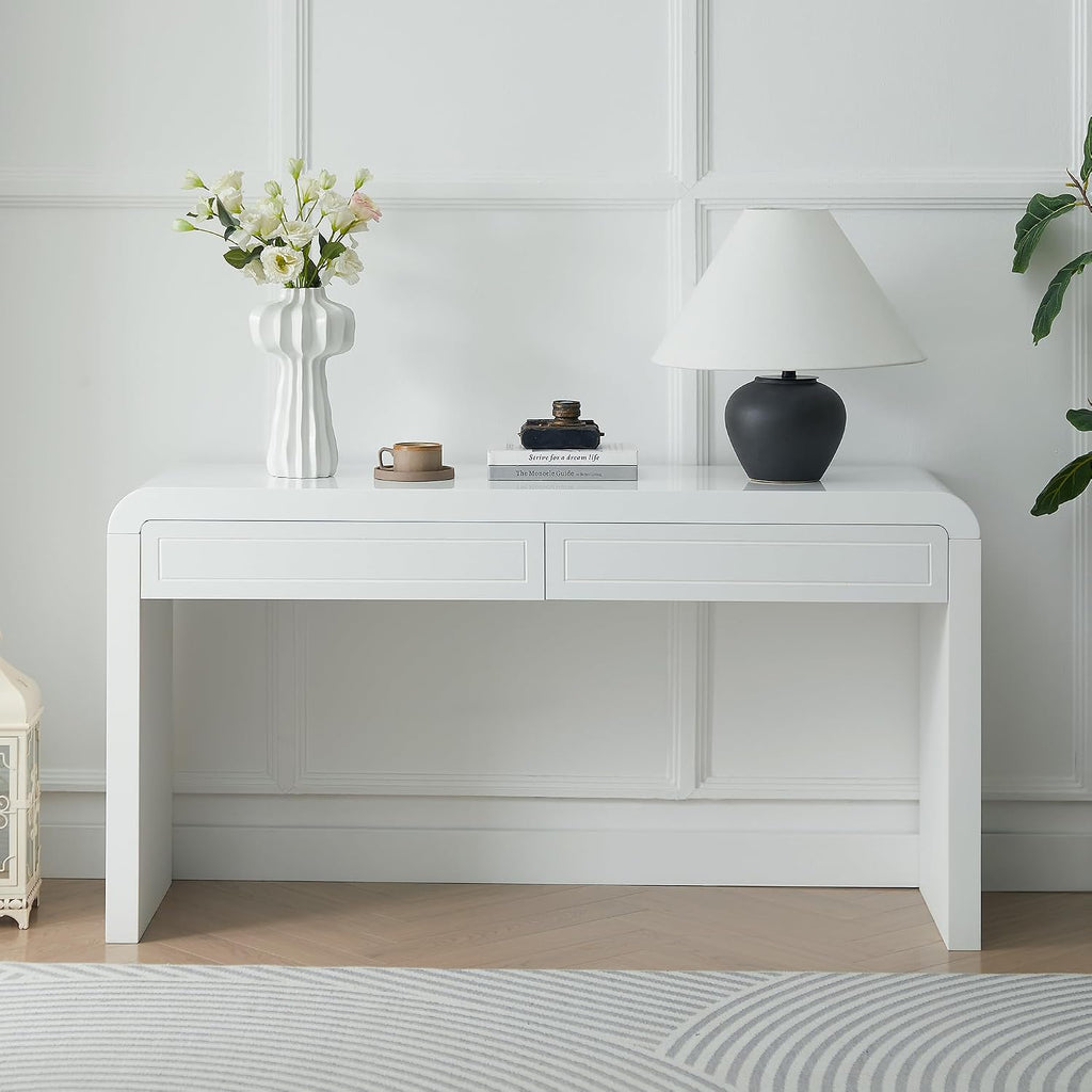Merax 60' Entryway Console Table with Storage, 2 Drawers with Functional Divider/Retro Curved Design/Behind Couch & Sofa, White
