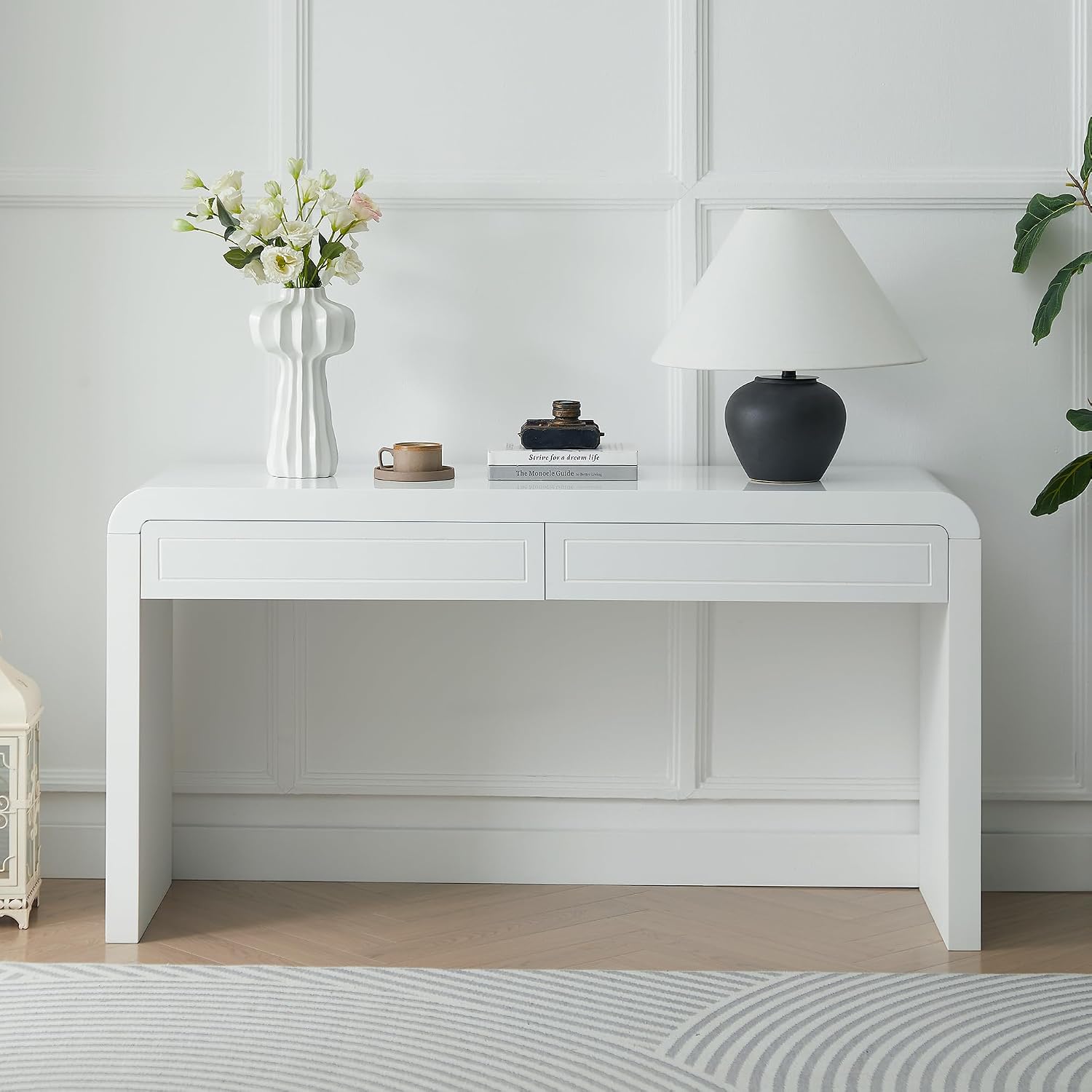 Merax 60' Entryway Console Table with Storage, 2 Drawers with Functional Divider/Retro Curved Design/Behind Couch & Sofa, White