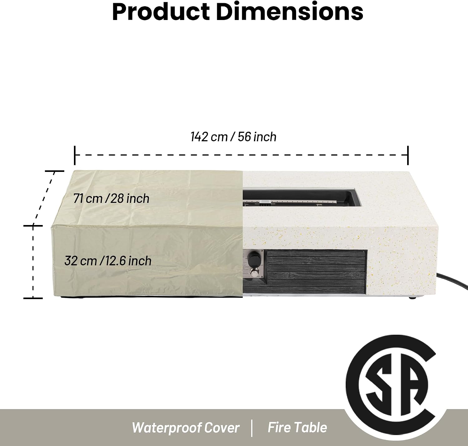 56inch Rectangle Propane Fire Pit Table 50000 BTU-Black & White Concrete Finish,Auto-Ignition,CSA Certified,with 20 Gallon Tank Cover, Glass Wind Guard