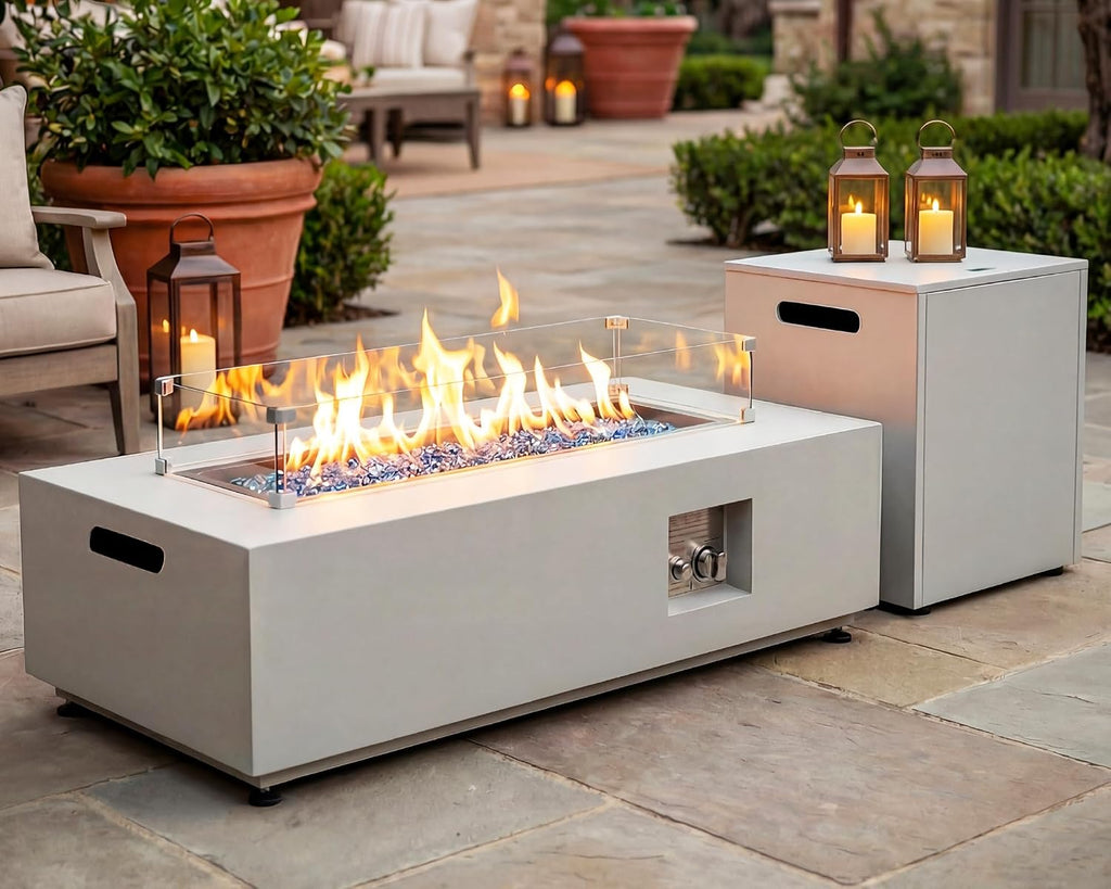 BULEXYARD 42'' Rectangle Propane Fire Pit Table, Low-Profile Outdoor Fireplace with Tank Table & Rain Cover, 50,000 BTU CSA Certified, Modern Patio Fire Table for Backyard, Porch & Deck, Light Grey