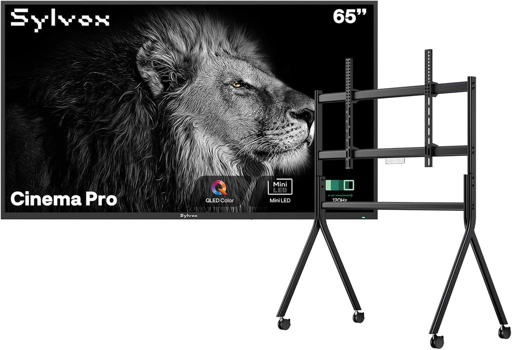 SYLVOX Outdoor TV with Rolling Stand, 65 inch Mini-LED QLED TVs for Outdoor Use, 3500nits Super High Brightness, 120Hz, IP55 Waterproof, Compatible with Google & Dolby Atmos (Cinema Pro/2025)