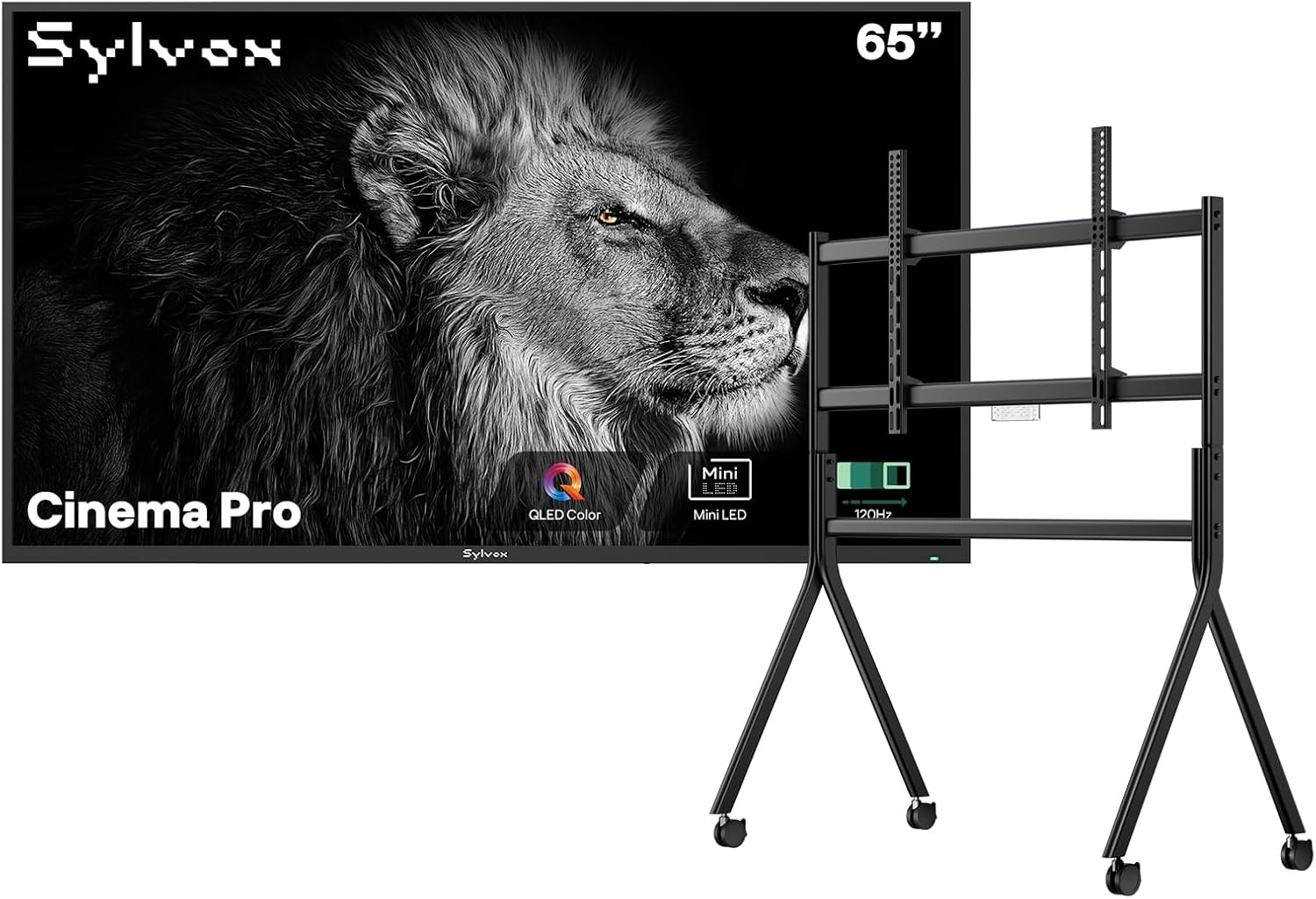SYLVOX Outdoor TV with Rolling Stand, 65 inch Mini-LED QLED TVs for Outdoor Use, 3500nits Super High Brightness, 120Hz, IP55 Waterproof, Compatible with Google & Dolby Atmos (Cinema Pro/2025)